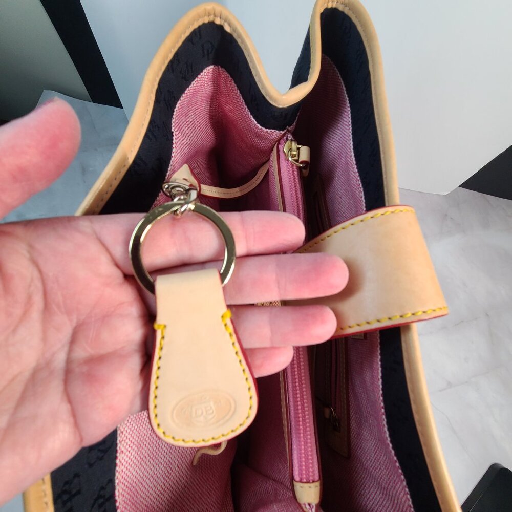 Dooney & Bourke Logo Shoulder Handbag BLACK Canvas Tan Leather Large Tote - Picture 8 of 16